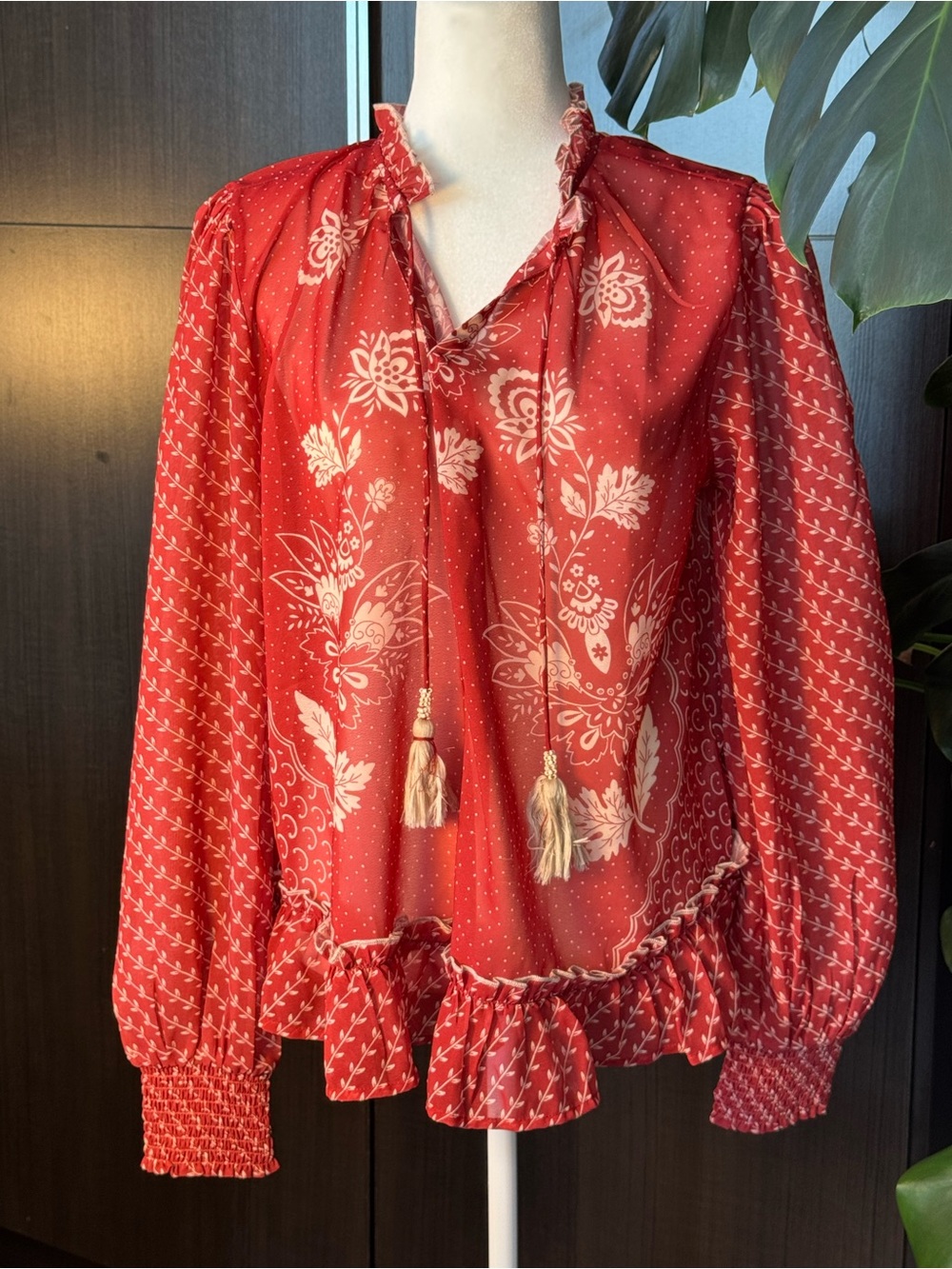 Red Floral Tie-Neck Peasant Blouse with Tassel Detail - Women's